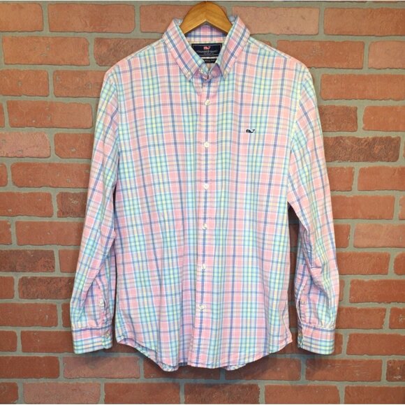 Vineyard Vines Mens Slim Fit Plaid Whale Shirt Size L Preppy Academia Easter - Picture 1 of 6